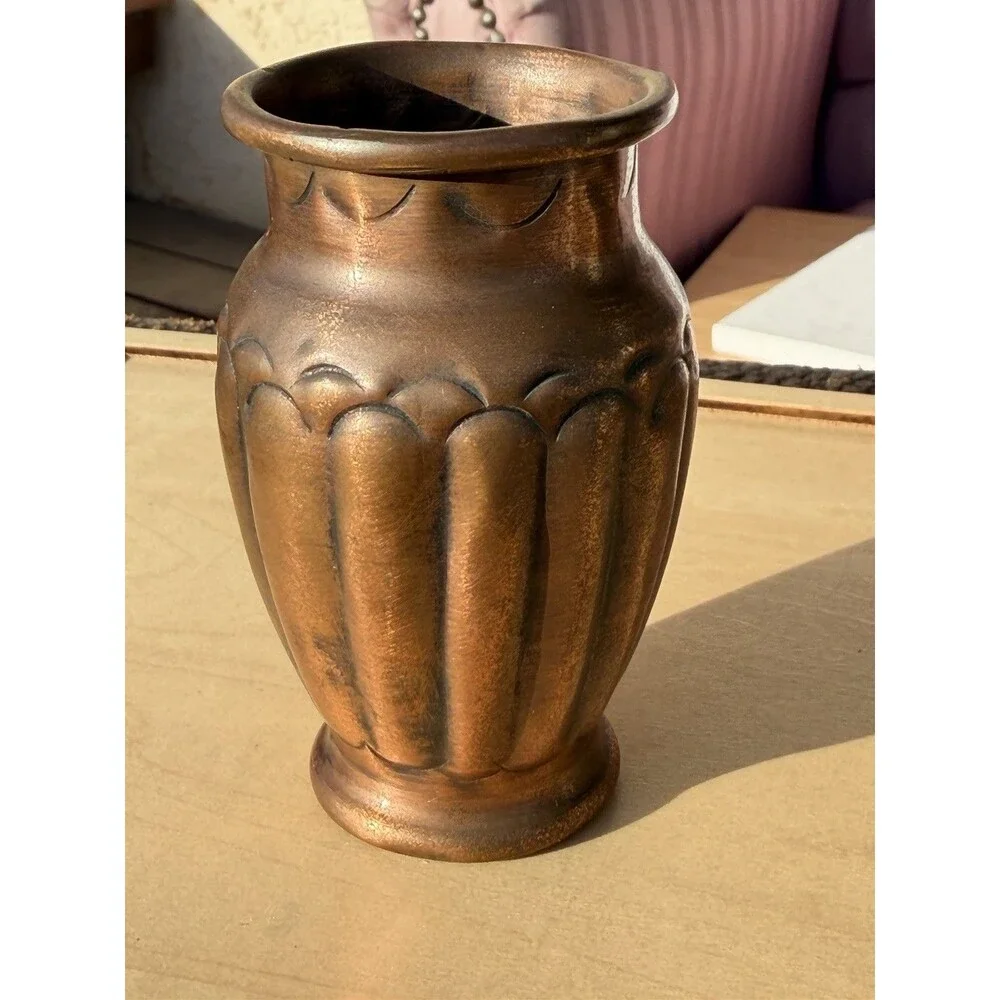 Vintage Ribbed Copper Vase With Scalloped Rim Detail